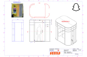 Afficher : Plan photobooth Snapchat avec cotes, coupes et rendu 3D réalisé sur Aléker Designer