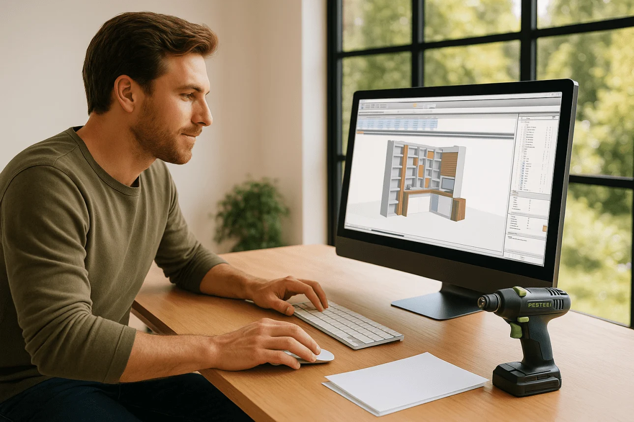 Professionnel de la menuiserie utilisant un logiciel de CAO 3D sur ordinateur