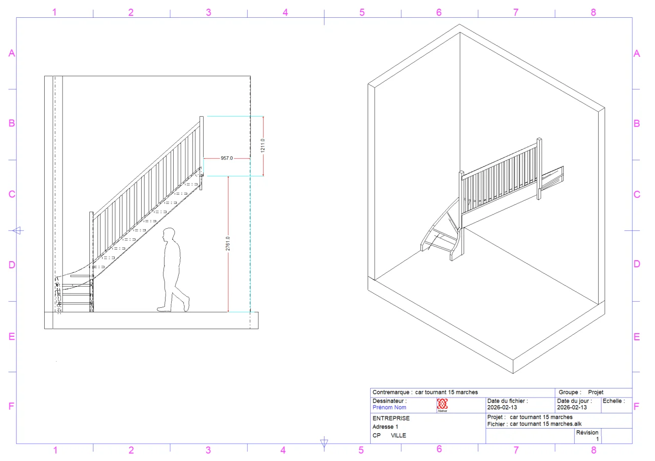 Afficher : Mise en plan escalier quart tournant avec plan 2D et vue 3D